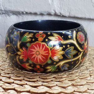 VINTAGE Boho Handpainted Black Red Gold Floral Wood Bangle Bracelet